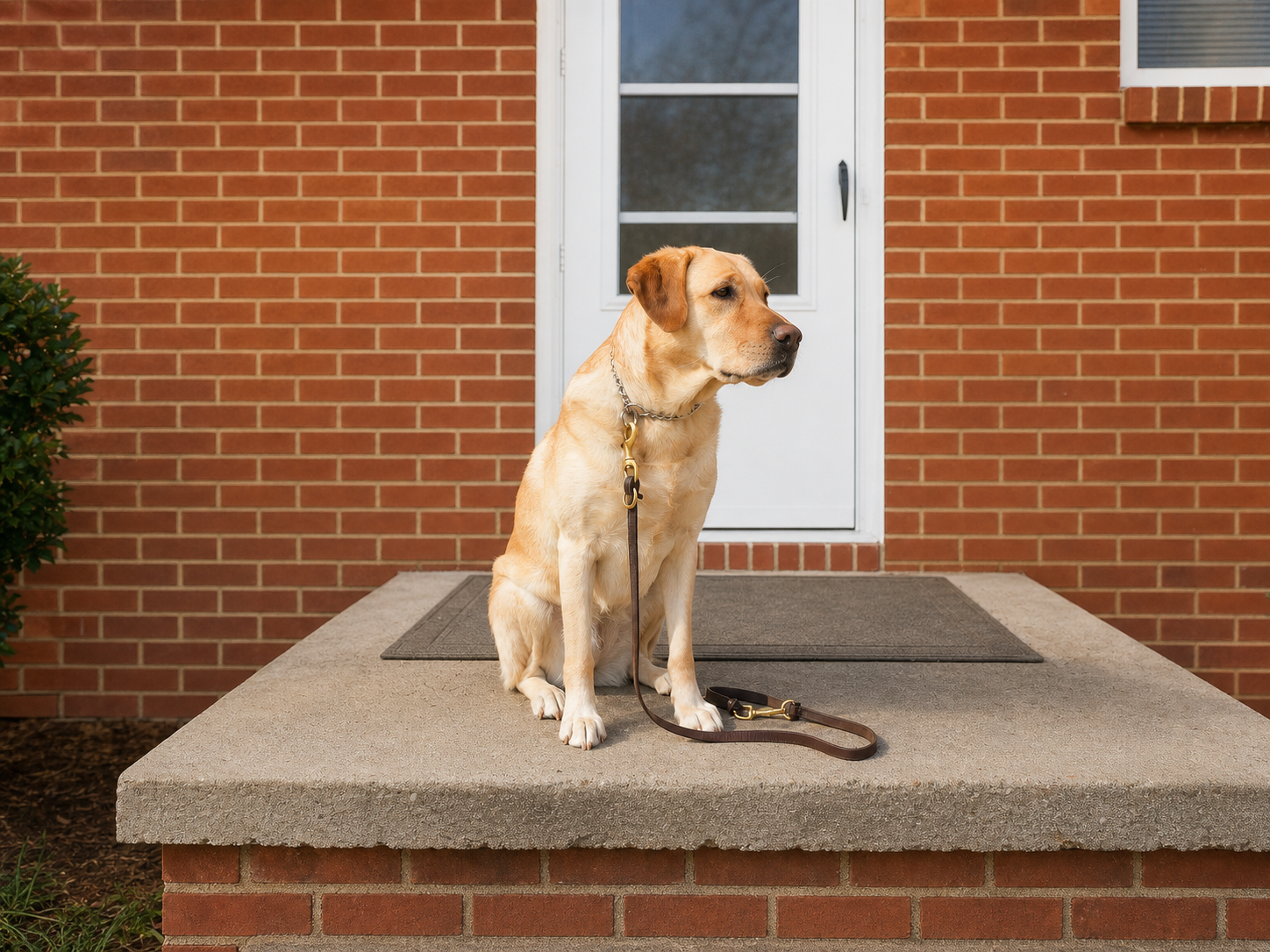 Wonder, Ming Kong’s yellow Labrador guide dog, sitting on a brick porch with her leash.