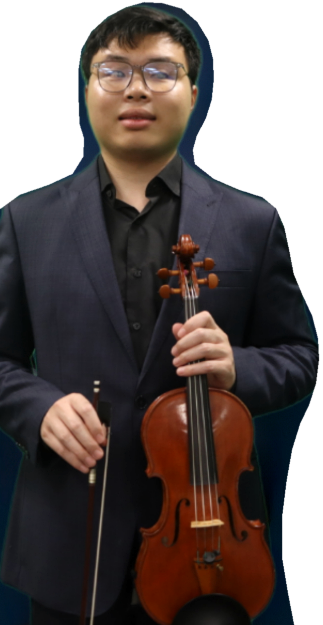 Ming Kong wearing glasses and a dark suit, holding his violin and bow, taken directly from his recital poster photograph.